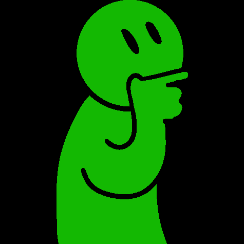 A green person with their chin between their thumb and index finger, looking up.